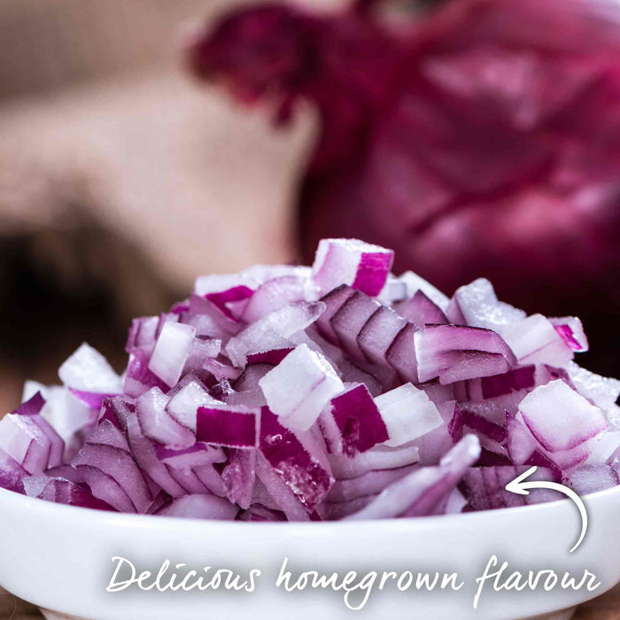 Freshly chopped red onions in a white bowl, ideal for kitchen use.