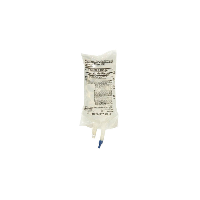 A bag of Lactated Ringer's solution hangs, ready for intravenous administration. The bag displays "Lactated Ringer" and "Lactate de Ringer". The lot number is W1F2YCL and expiration date is SEP 12.