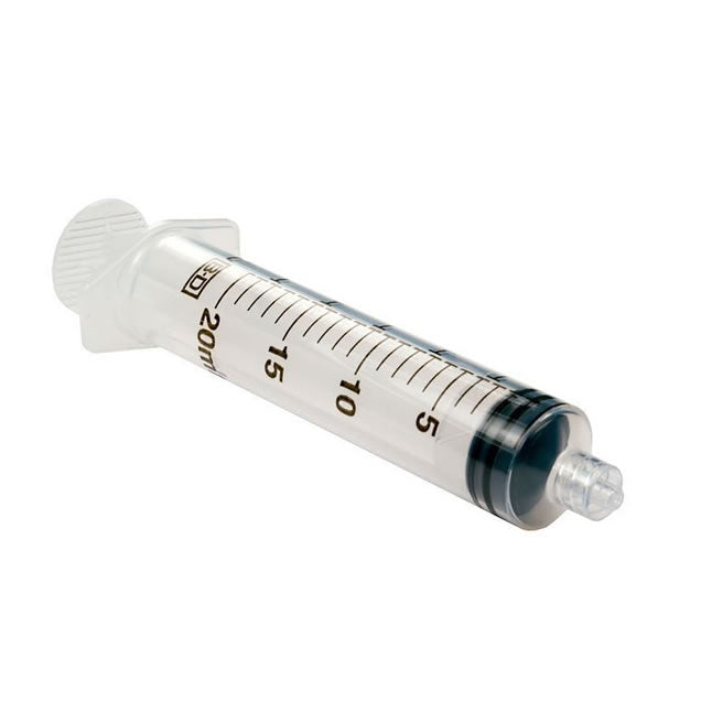 A 20ml plastic syringe rests on a white background. The syringe is empty. Markings indicate 5, 10, and 15 ml.