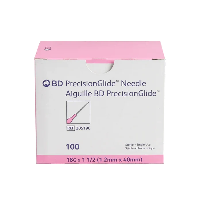A box of 100 BD PrecisionGlide needles (18G x 1 1/2, 1.2mm x 40mm) sits on a surface; it is sterile and for single use.