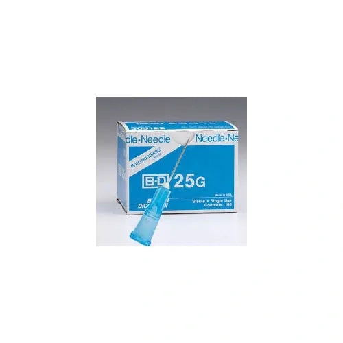 A 25G needle extends from a blue box; it is sterile and single-use. The box contains 100 needles.