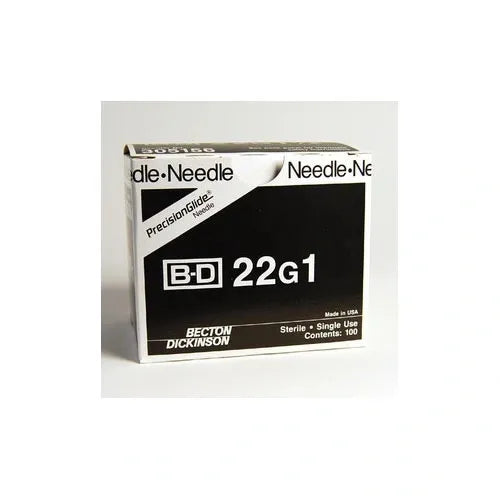 A box of Becton Dickinson 22G1 PrecisionGlide needles sits on a surface. The box indicates sterile, single-use contents of 100.