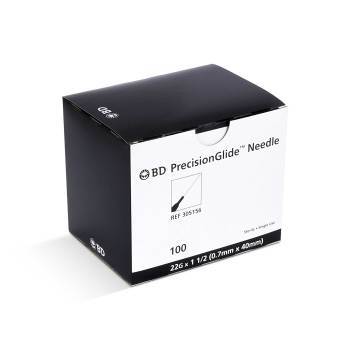 A black box containing 100 BD PrecisionGlide™ Needles (REF 305150) sits on a white background. The needles are 22G x 1 1/2 (0.7mm x 40mm).
