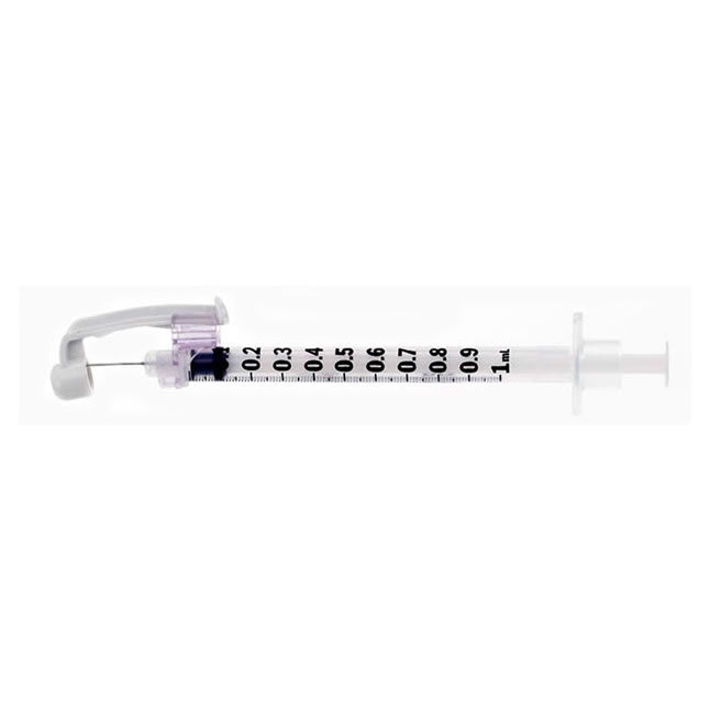 A 1 ml syringe with a safety device attached, displays volume markings, rests on a white background.
