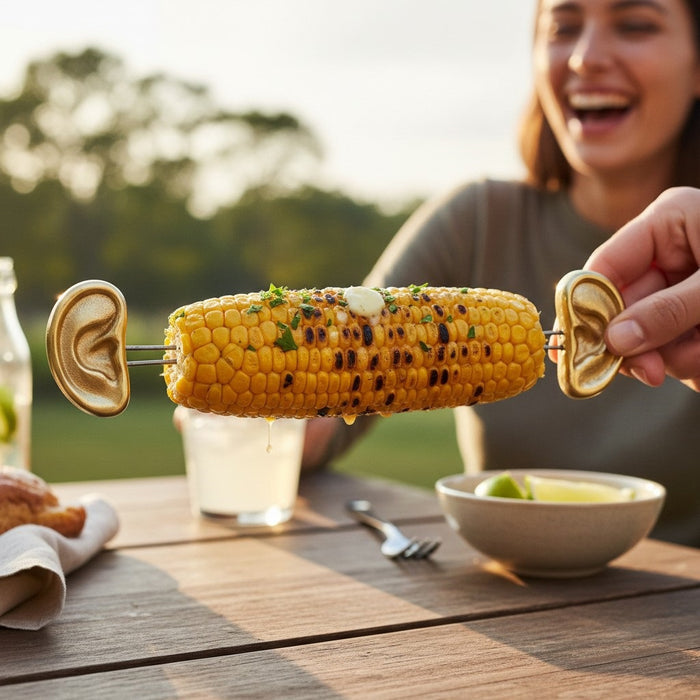 BE HOME - GOLD EAR CORN HOLDERS by BE HOME, INC: Handcrafted, gold-colored ear-shaped corn holders with two stainless steel prongs, showcased on a white background.