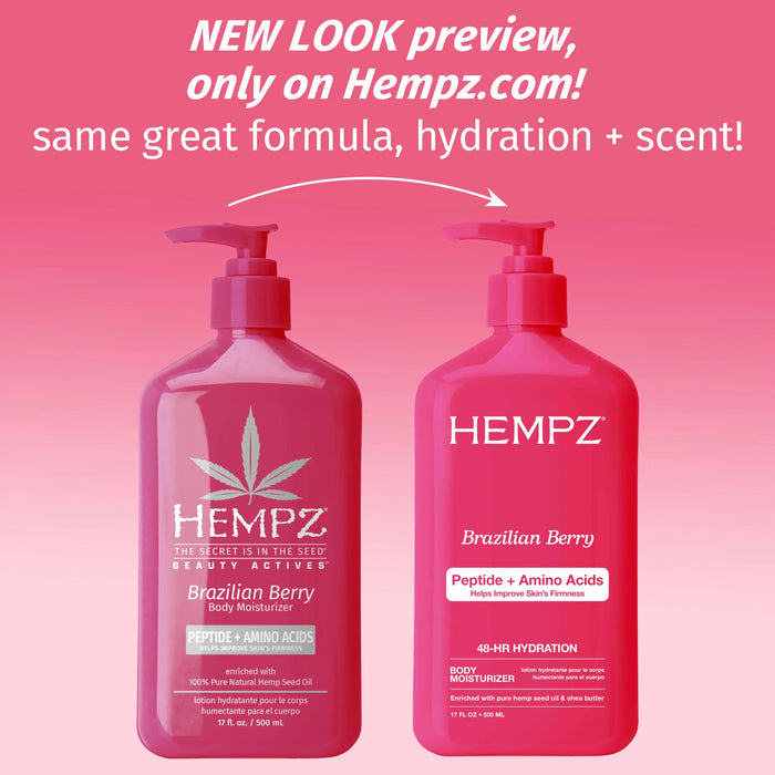 Two Hempz Brazilian Berry body moisturizer bottles on a pink background with text about a new look preview.