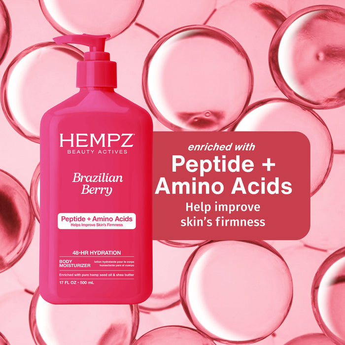 Hempz Brazilian Berry body moisturizer with peptide and amino acids on a pink background