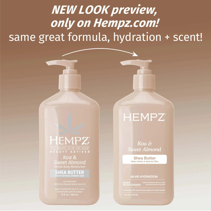Two Hempz Shea Butter bottles with a promotional message on a gradient background