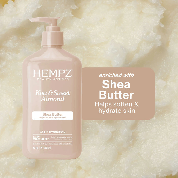 Hempz Koa & Sweet Almond Shea Butter body lotion on a textured Shea Butter background