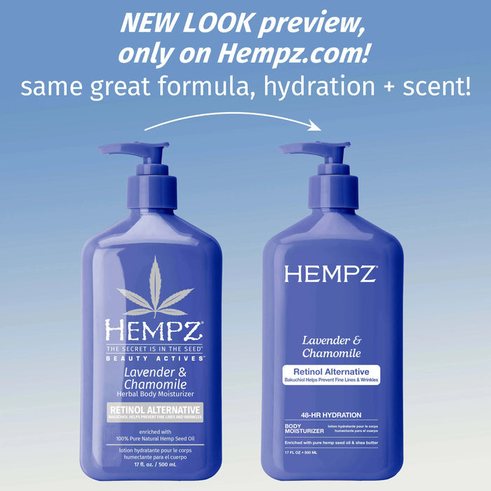 Two Hempz Lavender & Chamomile bottles on a blue gradient background with promotional text.