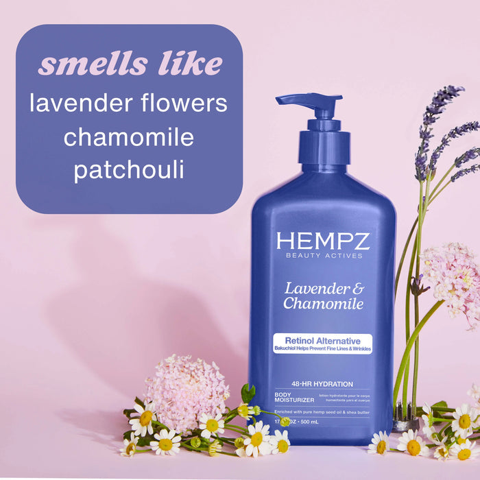 Hempz Lavender & Chamomile body moisturizer bottle with lavender flowers on a pink background with scent notes