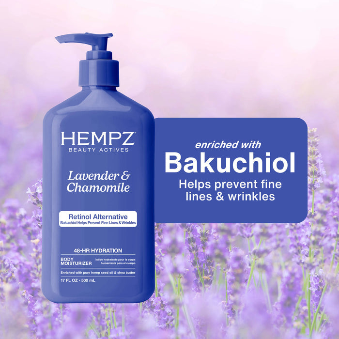 Hempz body moisturizer bottle with lavender and chamomile on a purple background