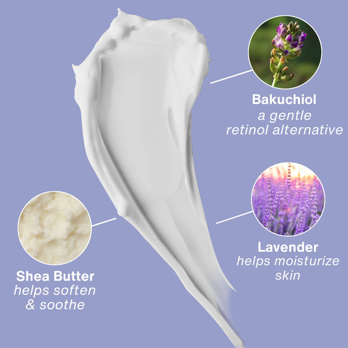 White cream with text and images of Bakuchiol, Lavender, and Shea Butter on a purple background