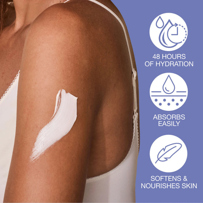Woman's arm with a skincare product applied, featuring icons and text about product benefits on a purple  background