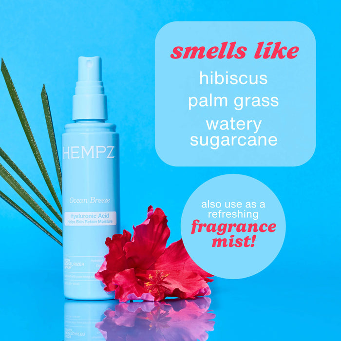 Hempz Ocean Breeze Body Moisturizer Spray with Hyaluronic Acid with notes of hibiscus, palm grass, and watery sugarcane
