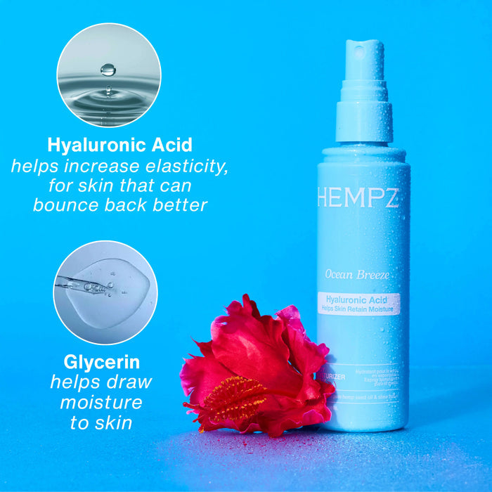 Hempz Ocean Breeze Body Moisturizer Spray with Hyaluronic Acid bottle with ingredient information