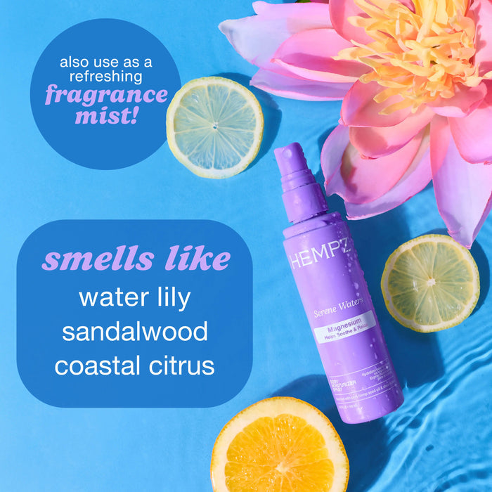 Hempz Serene Waters Body Moisturizer Spray with Magnesium with notes of water lily, sandalwood, and coastal citrus scents on a blue background with flowers and oranges.