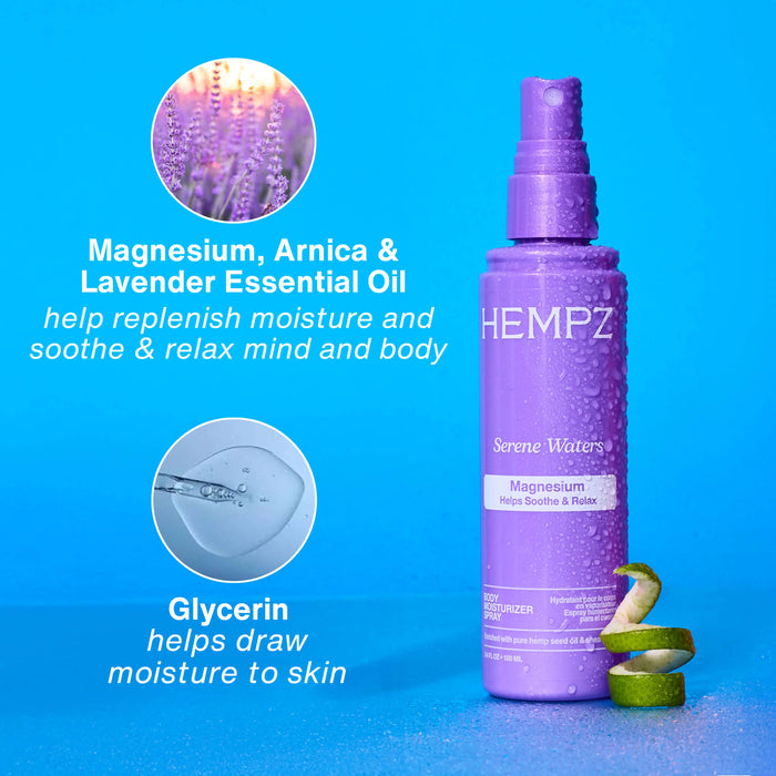 Hempz Serene Waters Body Moisturizer Spray with Magnesium with text about ingredients on a blue background