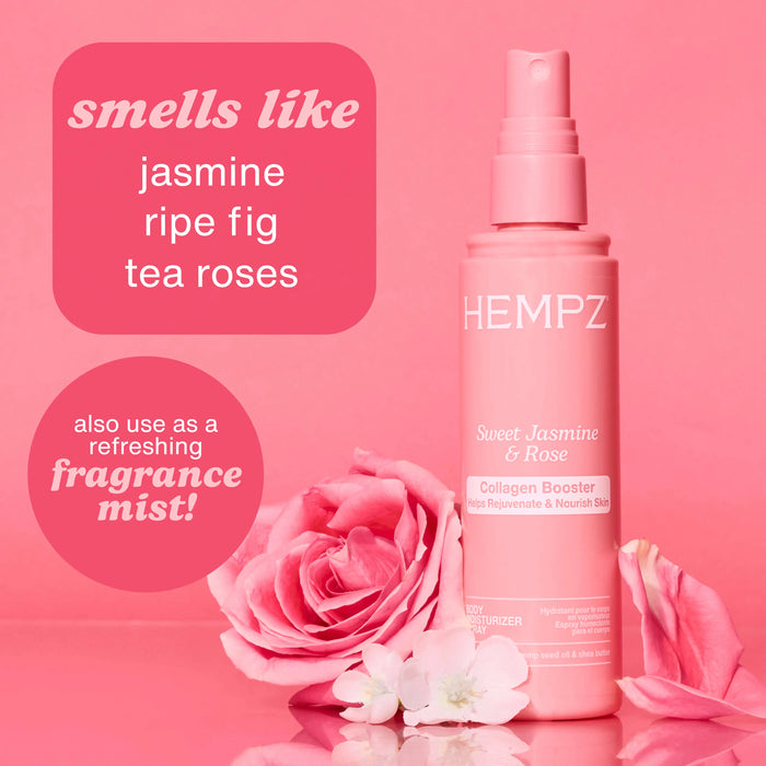 Hempz Sweet Jasmine & Rose Body Moisturizer Spray with Collagen Booster bottle with a rose on a pink background