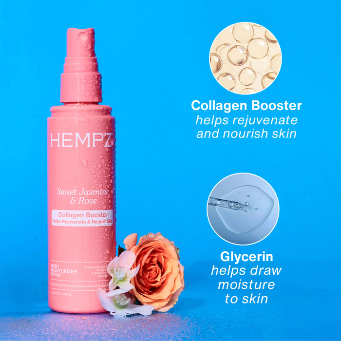 Hempz Sweet Jasmine & Rose Body Moisturizer Spray with Collagen Booster bottle with ingredients text on a blue background