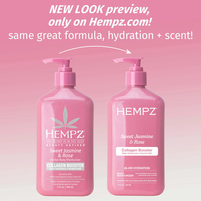 Two pink Hempz bottles on a pink background with text about a new look preview.