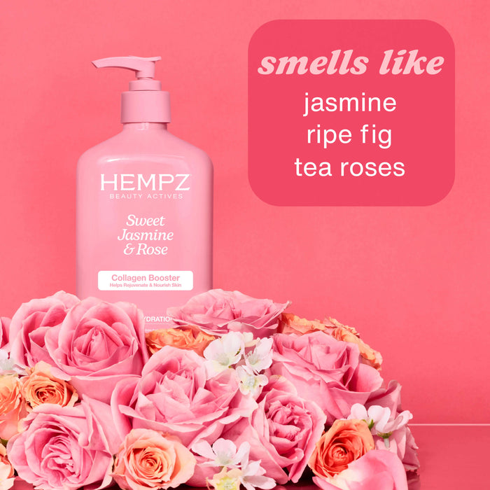 Pink bottle of Hempz Sweet Jasmine & Rose product with flowers on a pink background describing scent notes