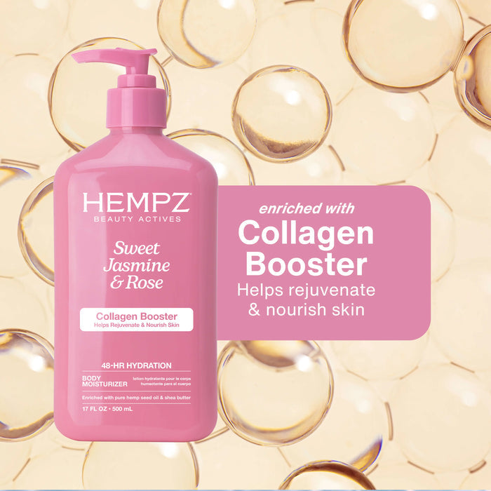 Pink bottle of Hempz Sweet Jasmine & Rose Collagen Booster on a beige background with collagen booster benefits