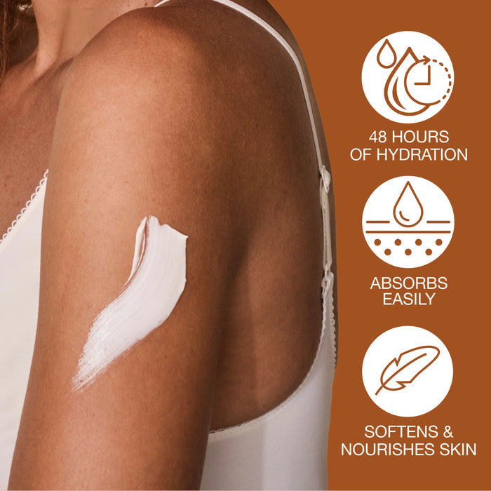 Woman's arm with a white cream application on a brown background with skincare benefits listed.