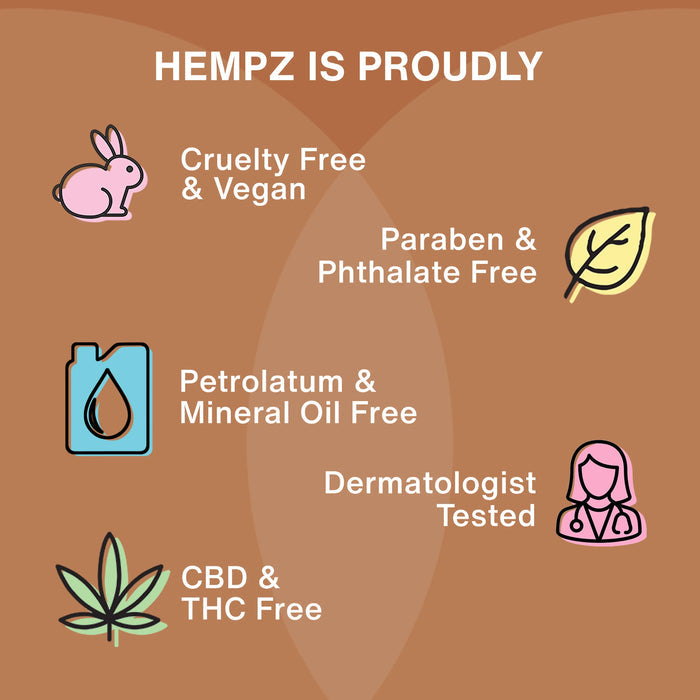 Hempz product label with icons and text about product features on a brown background