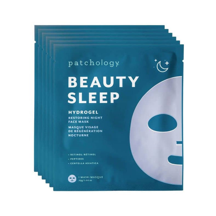 Patchology Beauty Sleep hydrogel face mask packs in deep blue with moon icon for restoring overnight skincare