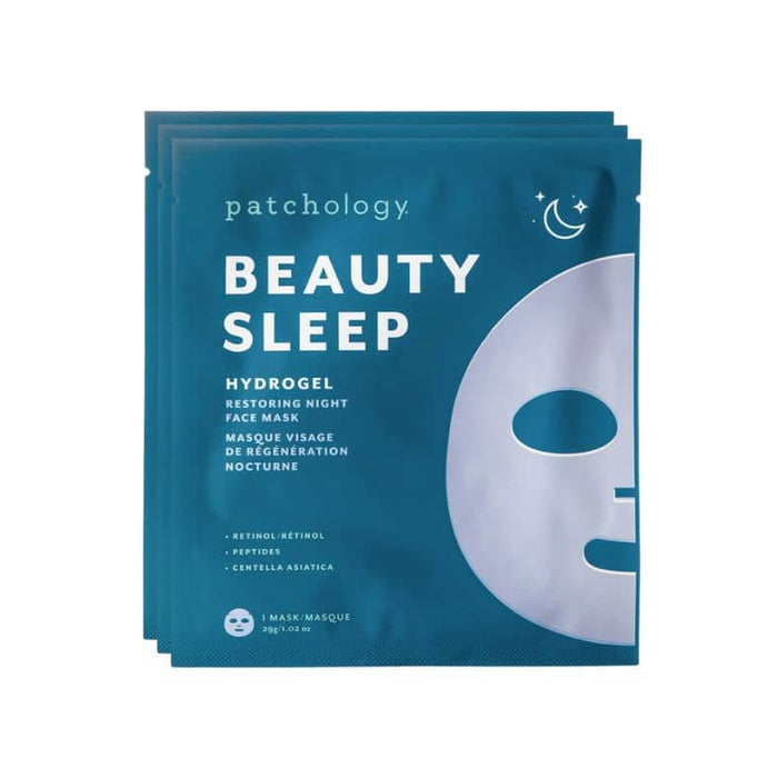 Patchology Beauty Sleep hydrogel face mask packs in deep blue with moon icon for restoring overnight skincare
