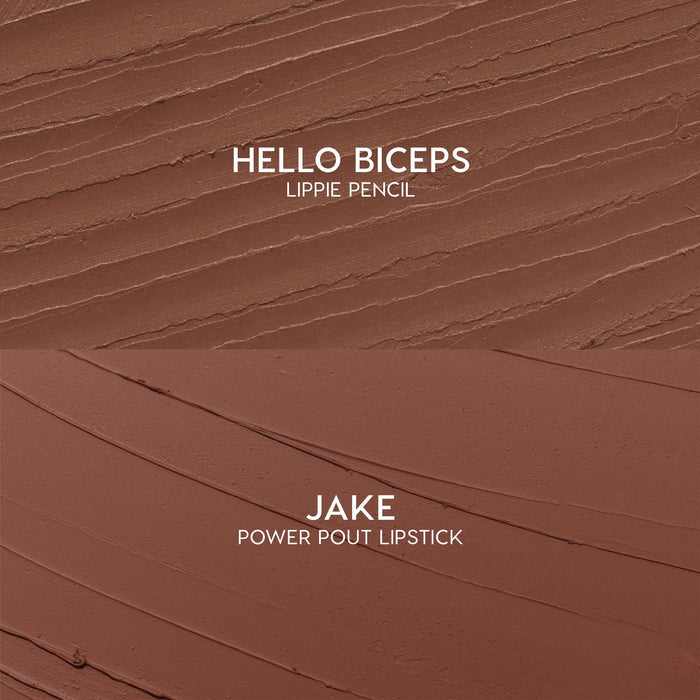 Swatches showcase Hello Biceps lippie pencil and Jake ColourPop Power Pout Lipstick from the Bella! Where the Hell Have You Been, Loca? kit, with textured mocha and smooth cinnamon-brown strokes on a matte surface highlighting creamy payoff.