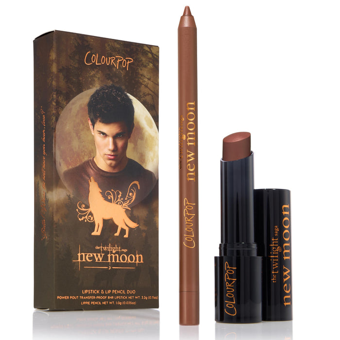 Bella! Where the Hell Have You Been, Loca? Power Pout Lipstick from Colourpop’s Twilight collection shown in its brown bullet tube beside matching lip pencil and New Moon–themed outer box with forest and moon artwork.