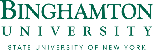 Text displays the words "BINGHAMTON UNIVERSITY" in a dark teal, distressed font on a black background.