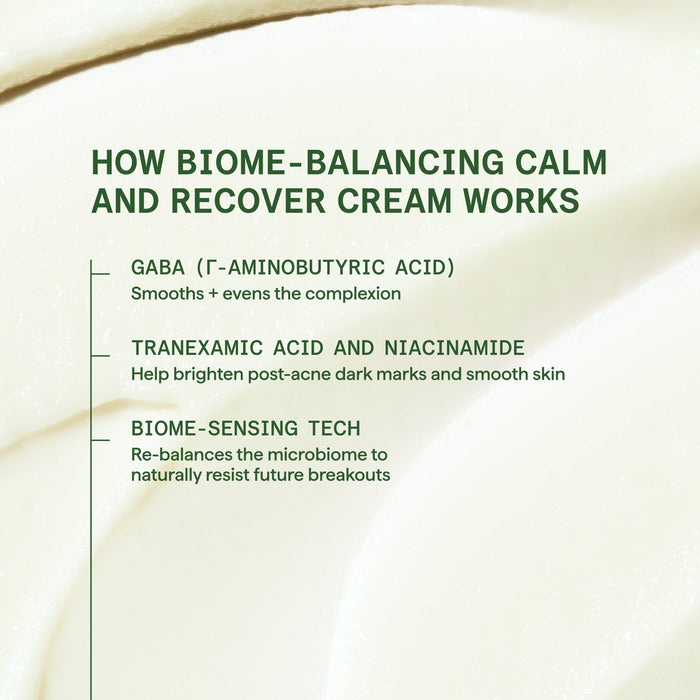 Explanation of how Biome-Balancing Calm and Recover Cream works with text on a beige background.