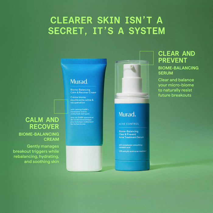 Two Murad skincare products on a green background with promotional text.