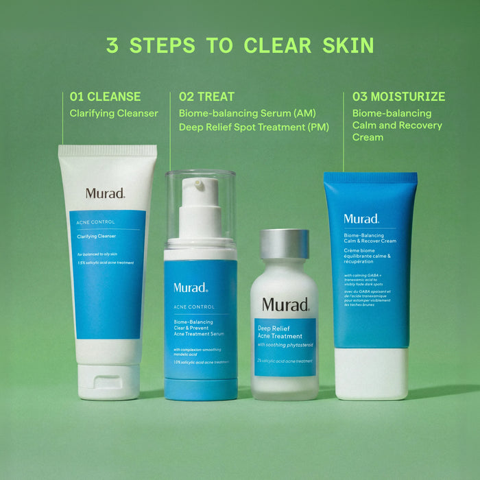 Murad skincare products with step-by-step instructions on a green background