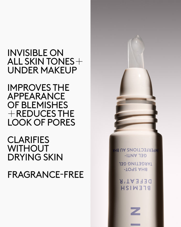 Close-up of the Blemish Defeat'r BHA Spot-Targeting Gel tip next to overlay text detailing its benefits.