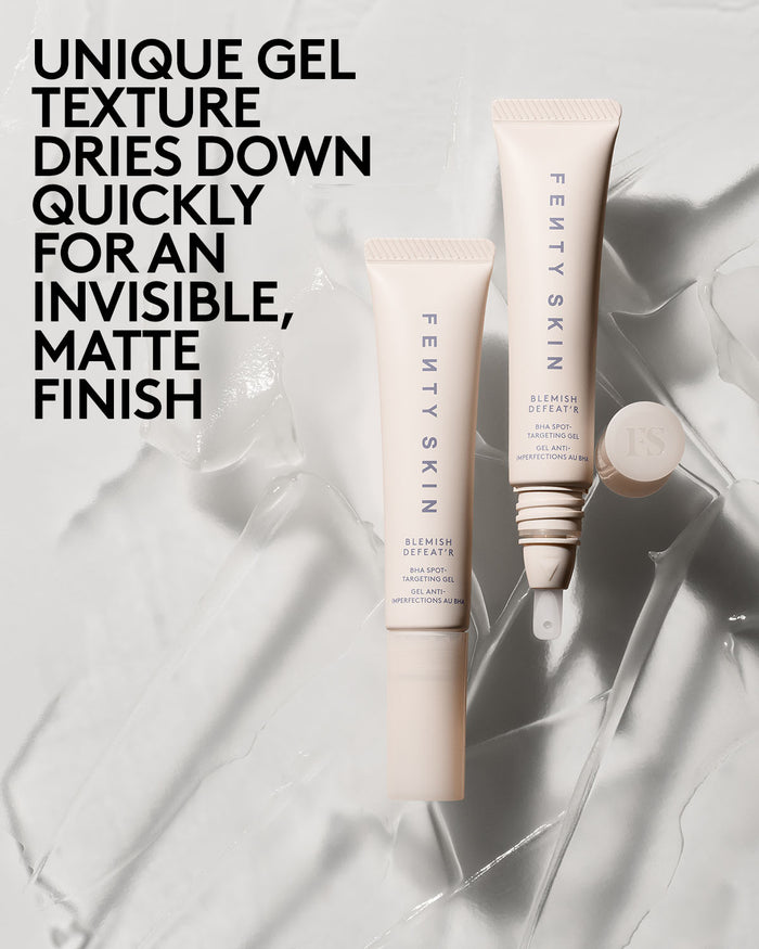 Two tubes of Blemish Defeat'r Gel next to overlay  text "Dries down quickly for an invisible matte finish"