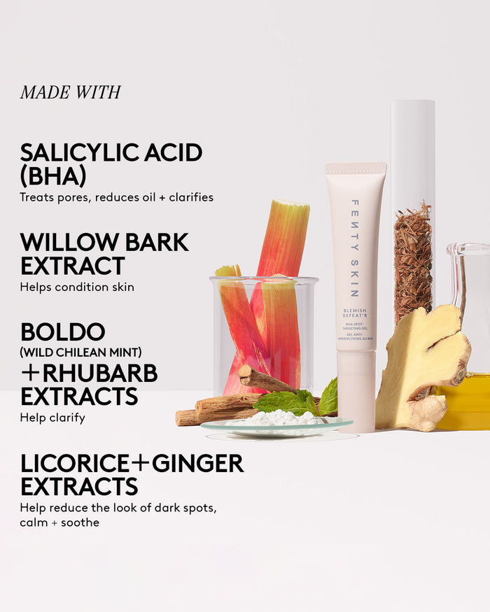 Tube of Blemish Defeat'r Gel next to a list of main ingredients: salicylic acid, willow bark extract, boldo & rhubarb extracts, licorice & ginger extracts.