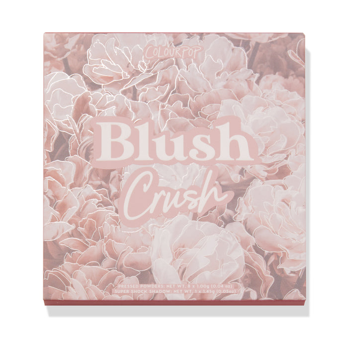 ColourPop Blush Crush shadow palette, front-facing closed compact showcasing blush‑pink peony floral packaging with large “Blush Crush” lettering, a soft pink floral-themed ColourPop Shadow Palette on a white studio background.
