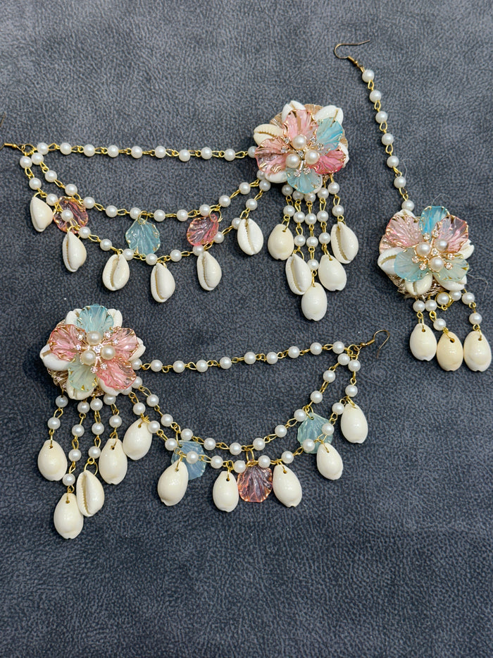 Blush Pink & Aqua Cowrie Shell Floral Earring Tikka Set ET0010