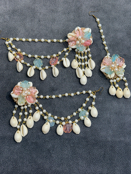 Blush Pink & Aqua Cowrie Shell Floral Earring Tikka Set ET0010