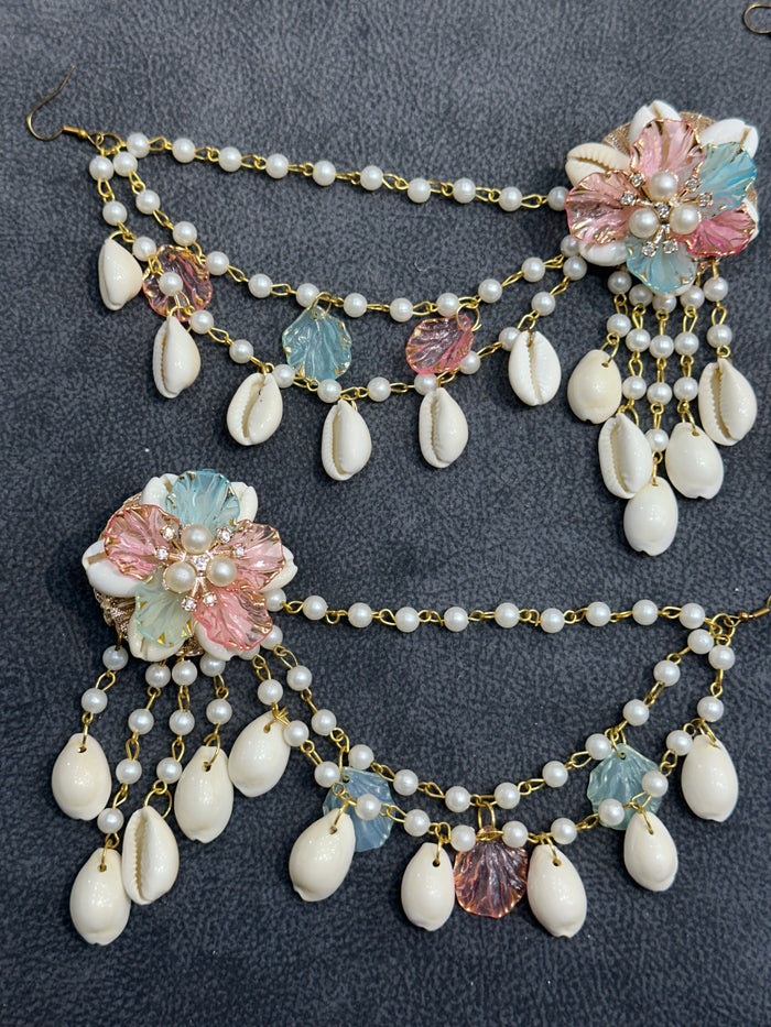 Blush Pink & Aqua Cowrie Shell Floral Earring Tikka Set ET0010