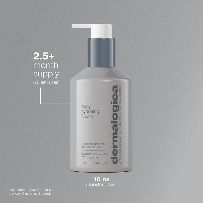Dermalogica body hydrating cream bottle on a gray background. 2.5+ month supply and 75 estimated uses