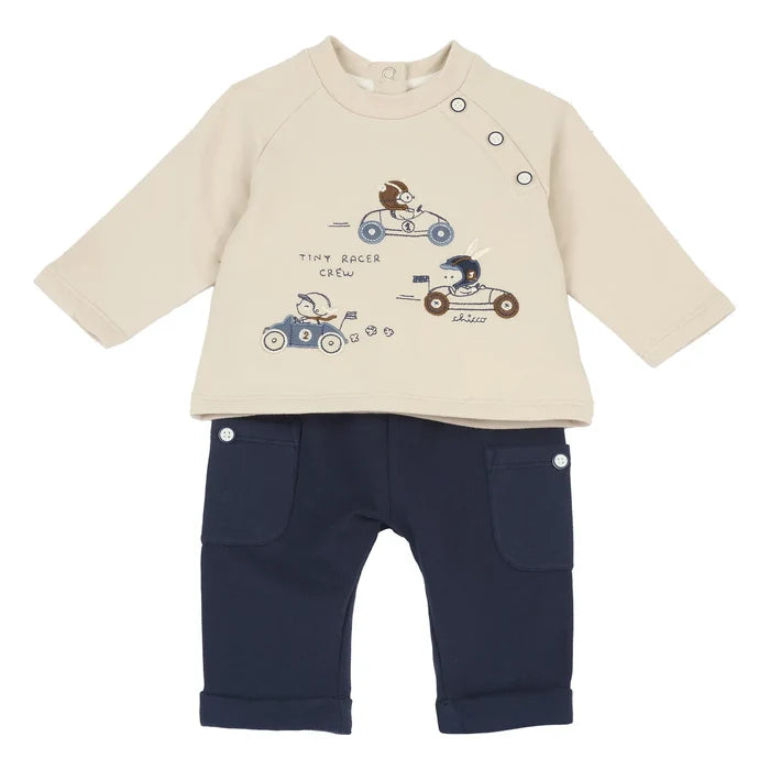 Boys Beige & Blue Embroidered T-shirt with Trouser