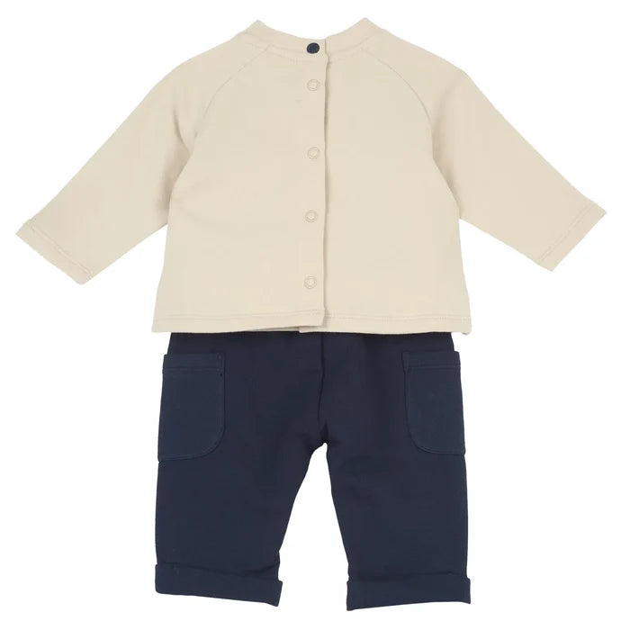 Boys Beige & Blue Embroidered T-shirt with Trouser
