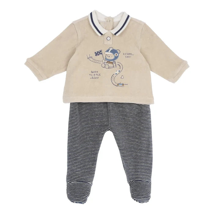 Boys Beige & Grey Embroidered Smock with Legging