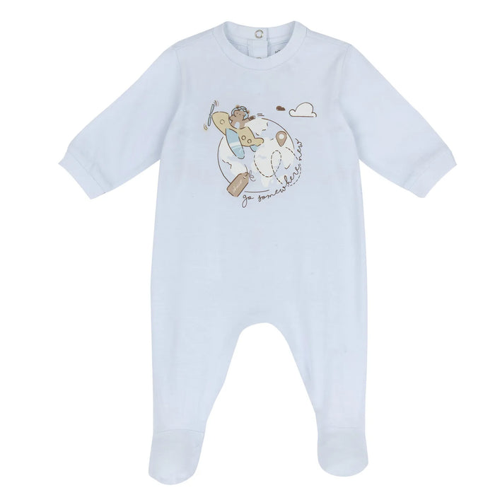 Boys Light Blue Animal Printed Back Opening Babysuit