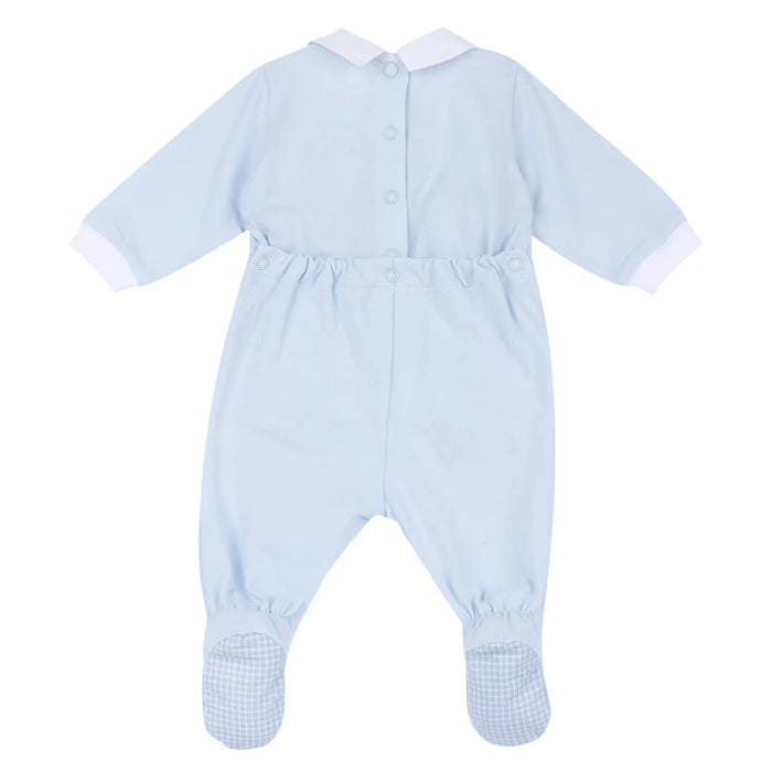Boys Light Blue Applique Back Opening Babysuit